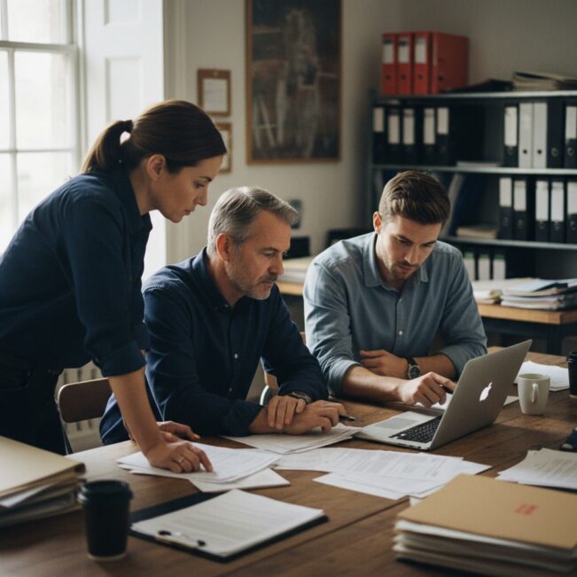 Profissionais em um escritório da Receba Fácil analisando documentos e trabalhando em conjunto em um laptop.