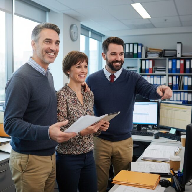 Três profissionais sorrindo e interagindo em um ambiente de escritório, representando a cultura de trabalho em equipe. Receba Fácil oferece dicas sobre colaboração e produtividade.