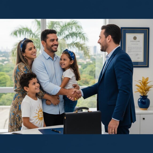 Uma família sorridente se encontrando com um profissional em um escritório, simbolizando a confiança e soluções financeiras com Receba Fácil.