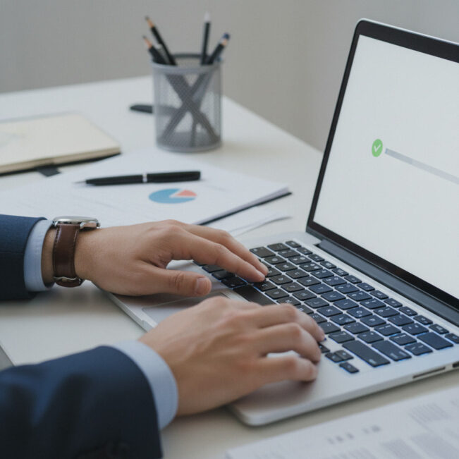 Homem digitando em um notebook em um ambiente de escritório, representando eficiência e produtividade, Receba Fácil.