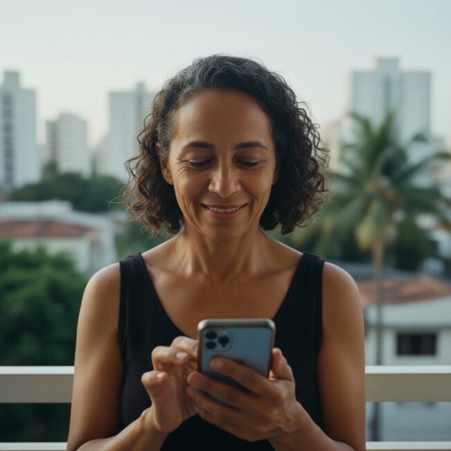 Mulher sorrindo enquanto usa um smartphone em um ambiente urbano, ideal para o site Receba Fácil que oferece soluções práticas e acessíveis.